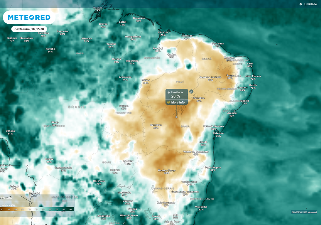Previsão de umidade relativa (%) para sexta-feira (16), de acordo com o ECMWF.