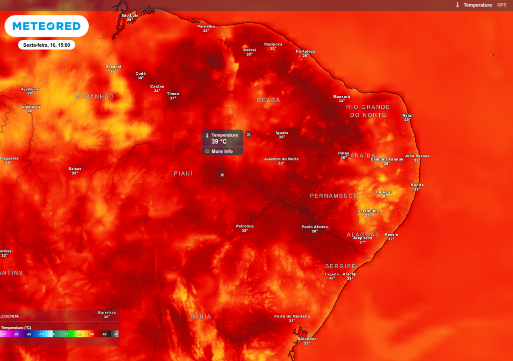 Previsão de temperatura máxima nesta sexta-feira (16), de acordo com o GFS.