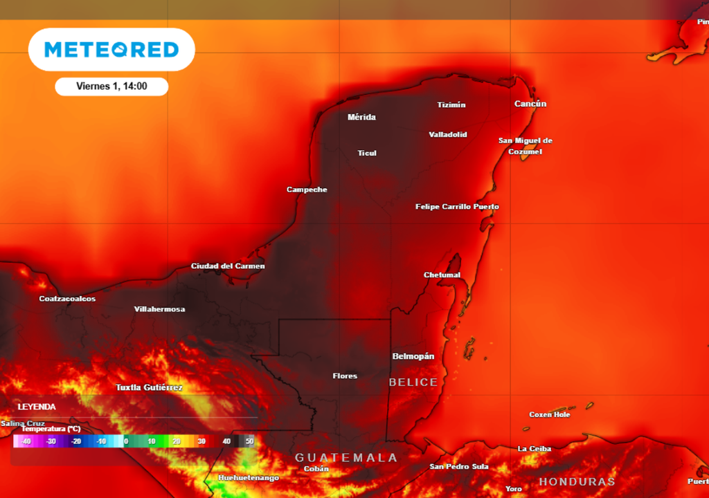 Las sensaciones térmicas en la Península de Yucatán podrían llegar a los 50 °C.