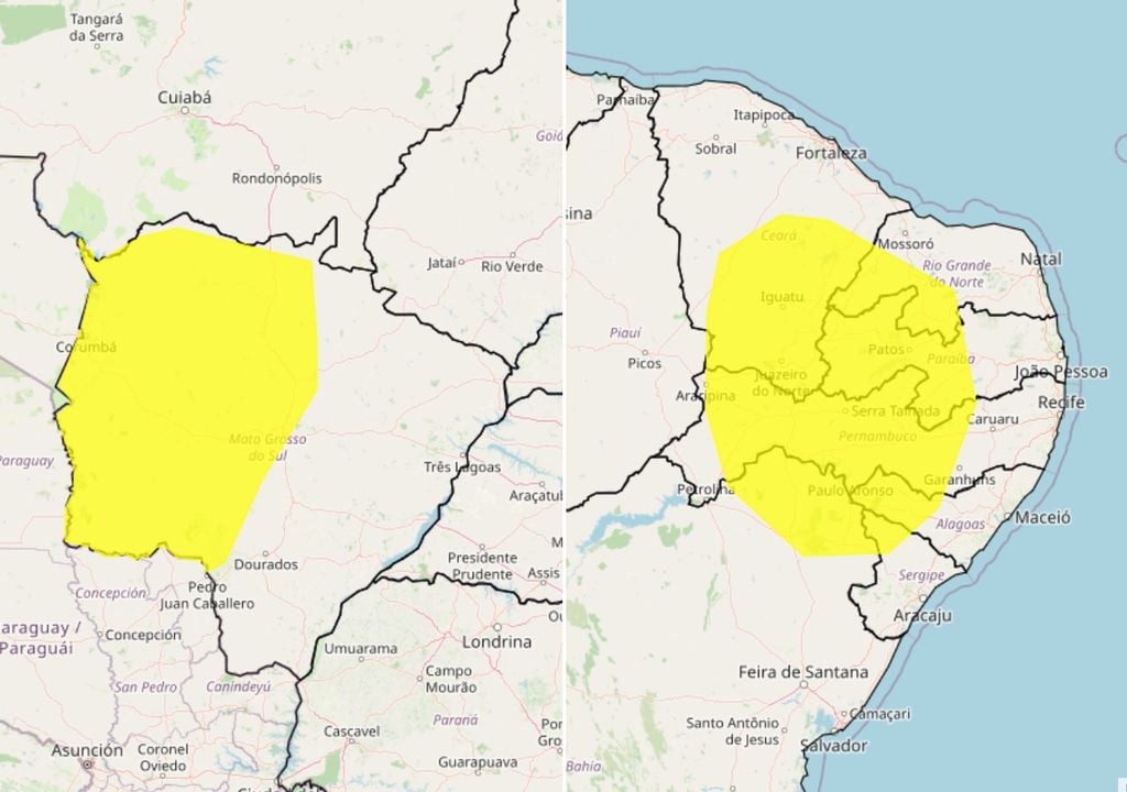 Mapa de alertas emitidos pelo INMET devido à baixa umidade relativa para um período que compreende todo este final de semana. Os alertas podem se estender ao longo da semana que vem.