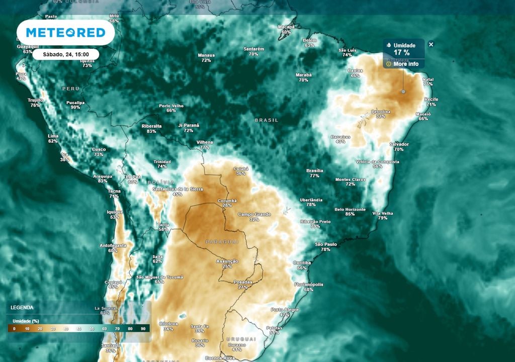 Previsão de umidades relativas (UR) mínimas no sábado durante a tarde mostra que alguns pontos da região Nordeste e também do Mato Grosso do Sul podem registrar UR inferior a 20%.