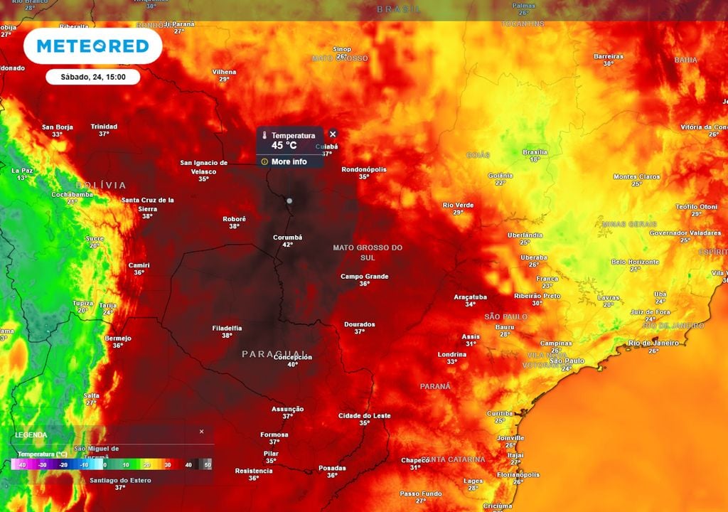 Previsão de temperaturas máximas no sábado mostra temperaturas extremas de até 45°C ocorrendo sobre o Mato Grosso do Sul, e temperaturas de até 36°C no oeste de SP e na região Sul.