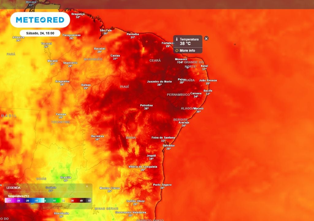 Previsão de temperaturas máximas no sábado mostra temperaturas altas de 38°C ocorrendo sobre o Nordeste. Municípios localizados do interior podem registrar 39°C ou até mesmo 40°C.