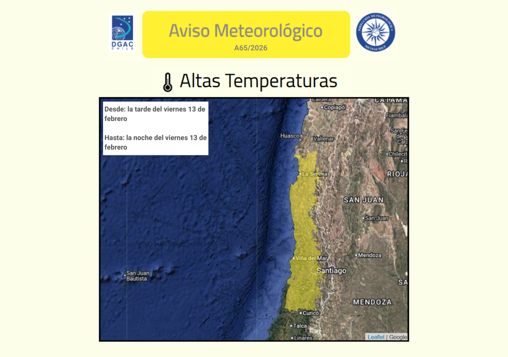 Sectores de litoral, cordillera de la costa, valle y precordillera del centro norte estarán afectados por un evento de altas temperaturas.