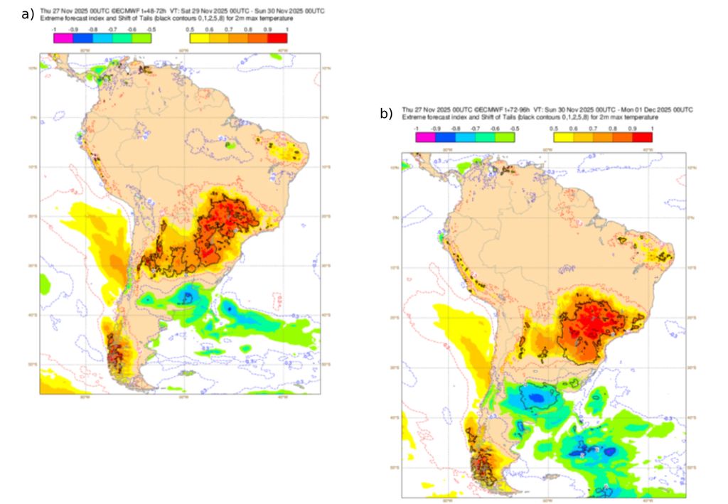 EFI para temperatura máxima entre os dias 28 e 29 de Novembro (esquerda) e 29 e 30 de Novembro (direita). Fonte: ECMWF.