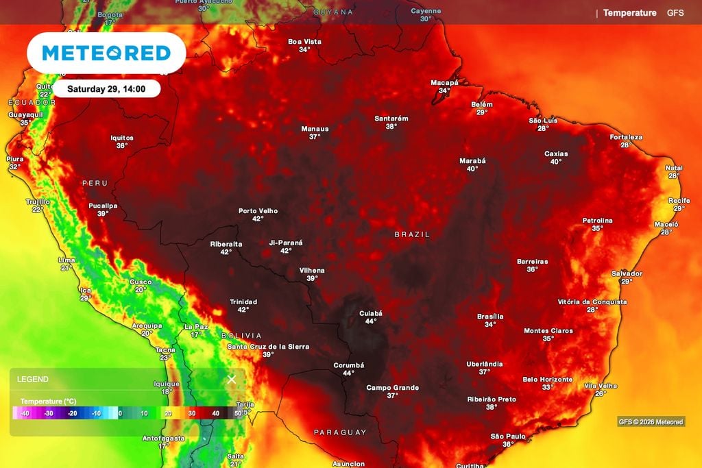 Previsão de temperatura para sábado (29), às 14h, mostra máximas de 44°C em Cuiabá e Corumbá e calor intenso no interior do Brasil.
