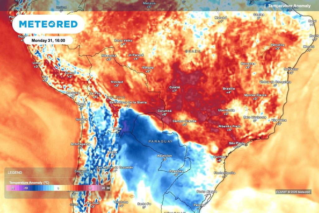 Previsão de anomalia de temperatura para segunda-feira (31), às 16h.