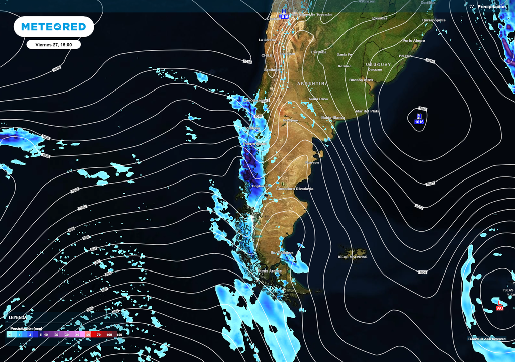 Un sistema frontal avanzará este fin de semana con lluvias sobre el sur del país, especialmente en Los Lagos y Aysén, acompañado de un marcado gradiente de presión e ingreso de aire más frío.