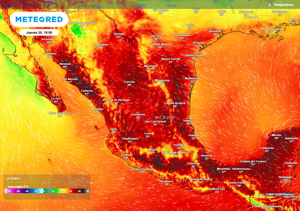 Calor extremo de 30-45 °C seguirá dominando al país próximos 2-3 días, incluso con 46-48°C en el Golfo de México; al Altiplano rondará 30-35°C.