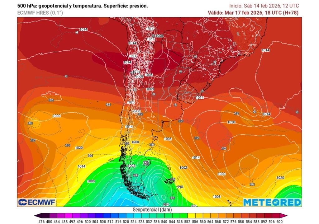 En la carta, se observa en color rojo más intenso una dorsal en altura, configuración atmosférica que será responsable del calor extremo de los próximos días.