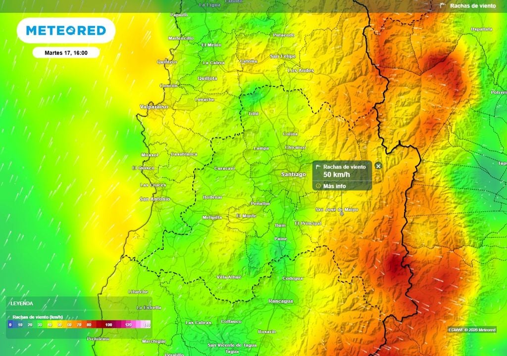 En el sector precordillerano de la RM soplarán vientos con rachas máximas de 50 km/h, incluso superiores, durante el martes en la tarde.