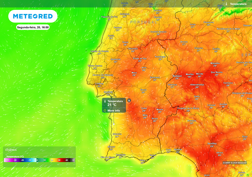 Sábado com temperaturas elevadas no interior do Centro, Vale do Tejo e Alentejo, onde os valores poderão atingir os 30 °C, enquanto o litoral se mantém mais fresco devido à influência marítima.