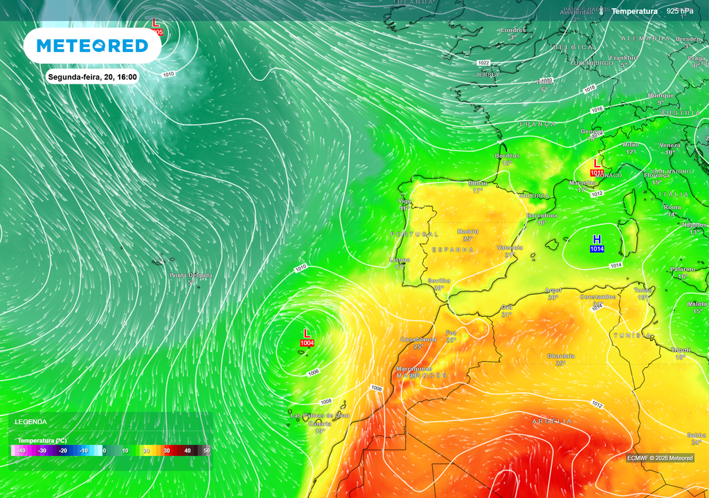 Na segunda-feira, a circulação atmosférica torna-se mais dinâmica: uma depressão a sudoeste da Península ajuda a transportar ar quente de África para norte, mantendo temperaturas elevadas.