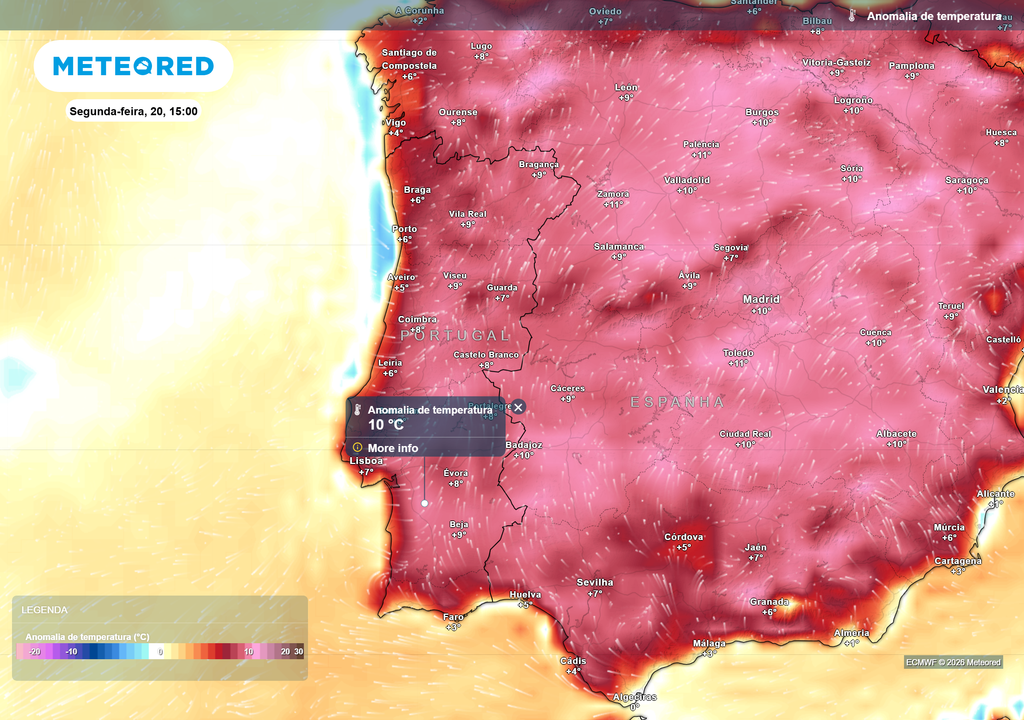 O mapa de anomalia da temperatura mostra valores até 10 °C acima da média climatológica em várias regiões na segunda-feira, sinal claro de um episódio muito invulgar para abril.