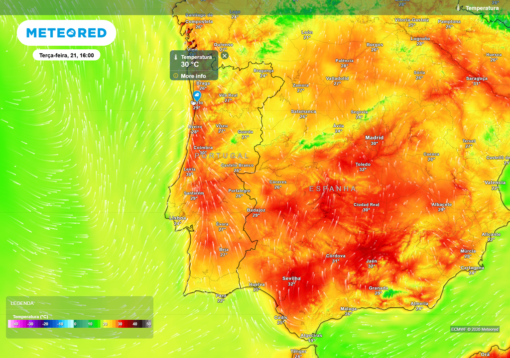 Terça-feira poderá ser o dia mais quente, com 30 °C previstos em cidades como Porto, Coimbra e Leiria, enquanto o Algarve permanece relativamente mais moderado.