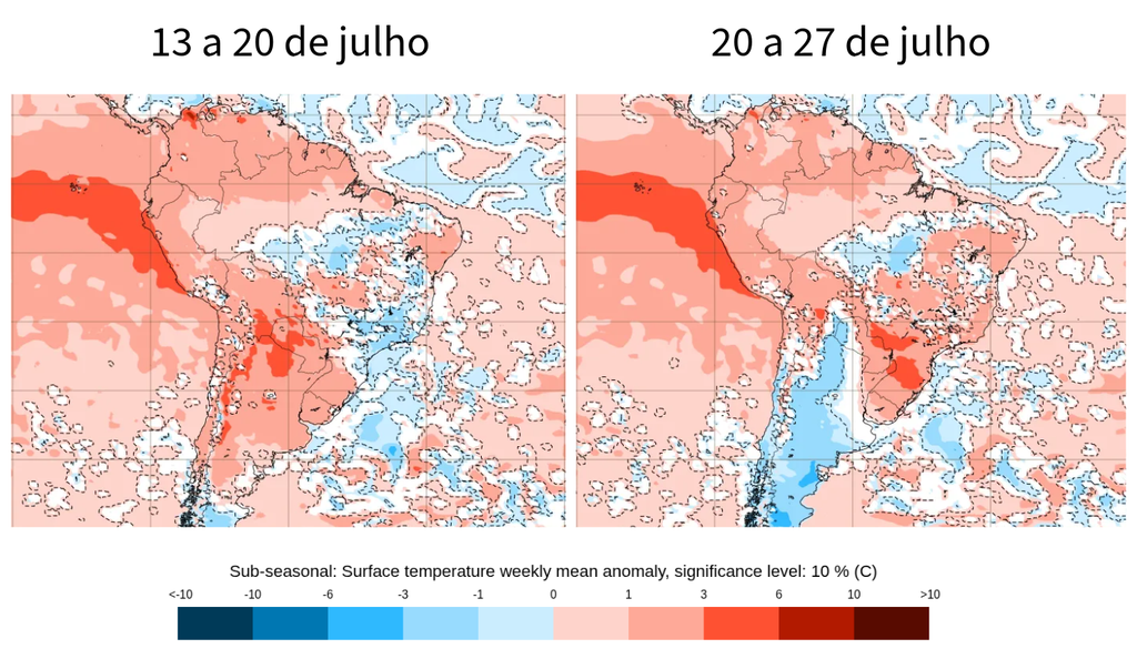 Previsão de anomalia de temperatura (°C) entre 13 e 27 de julho, segundo o ECMWF.