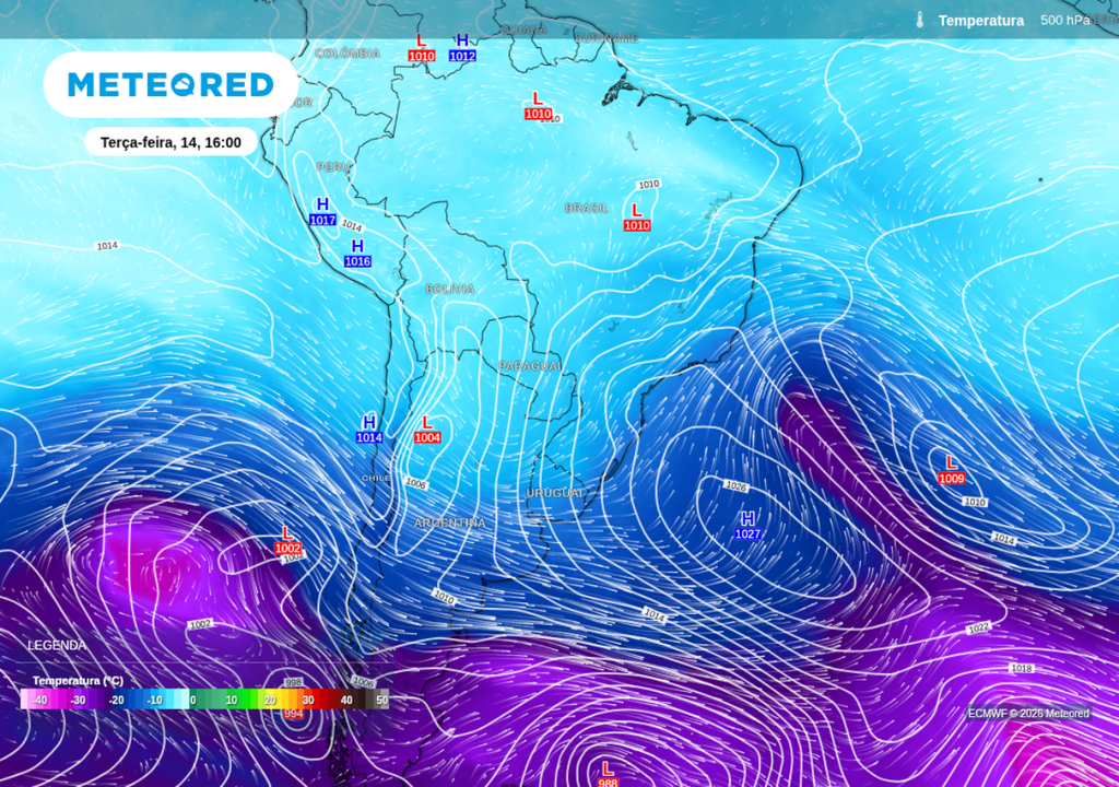 Previsão do ECMWF em níveis médios da atmosfera evidencia a atuação de uma área de alta pressão (H) no Atlântico Sul.