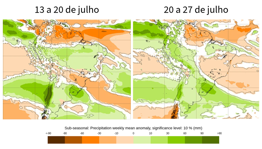 Previsão de anomalia de chuva (mm) entre 13 e 27 de julho, segundo o ECMWF.