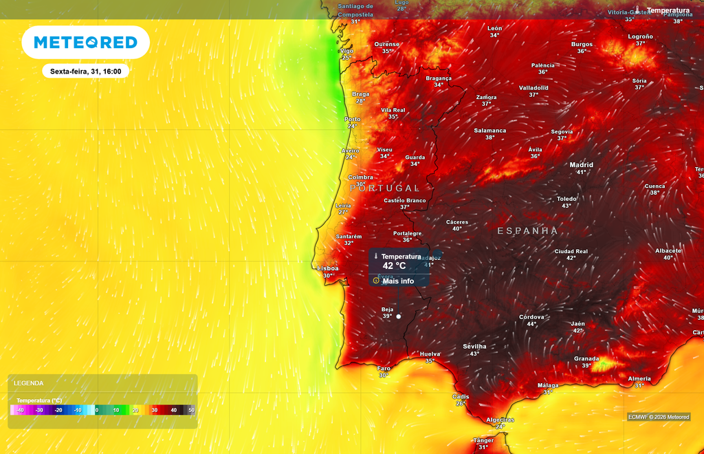 Máximas até 42 ºC previstas para sexta-feira, 31 de julho. No entanto, a incerteza na evolução do cenário ainda poderá resultar na alteração dos valores previstos.