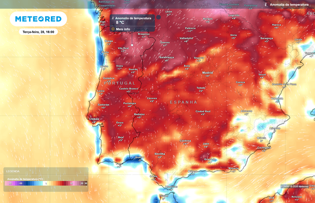 Amanhã grande parte do país registará temperaturas entre 3 e 5 ºC acima do normal, com algumas zonas a poderem registar anomalias de até 8 ºC. Somente algumas zonas das costa ocidental e meridional registarão temperaturas dentro da média ou ligeiramente inferiores ao normal.