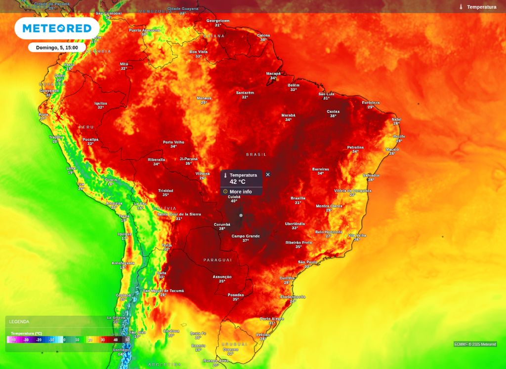 Temperatura máxima prevista para o Brasil neste domingo (5). Temperatura máxima prevista para o Brasil neste domingo (5).