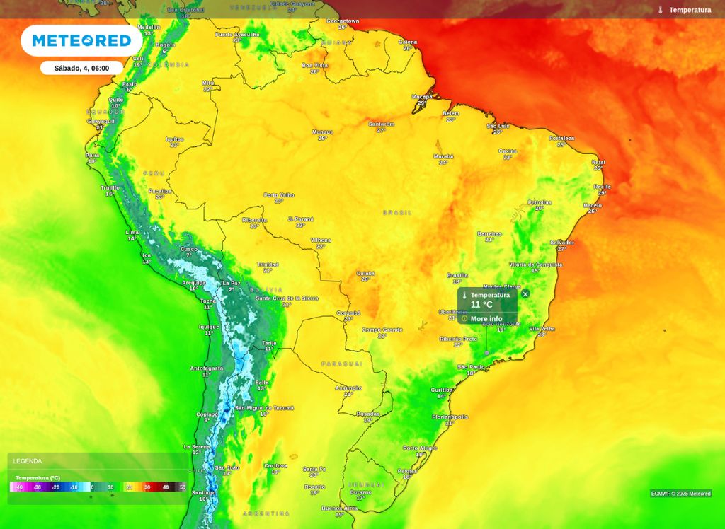 Temperatura mínima prevista para o Brasil neste sábado (4). Temperatura mínima prevista para o Brasil neste sábado (4).