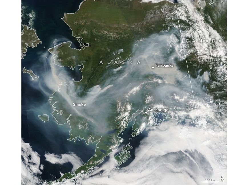 Imagen del sensor MODIS en el satélite Aqua de la NASA mostrando el humo de los incendios forestales para el 8 de julio de 2019. Imagen del sensor MODIS en el satélite Aqua de la NASA mostrando el humo de los incendios forestales para el 8 de julio de 2019.