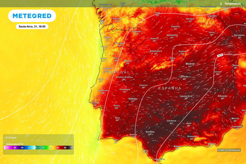 Temperatura prevista para sexta-feira, 31 de julho, às 16h. O calor começa a intensificar-se no interior, contrastando com temperaturas mais moderadas no litoral.