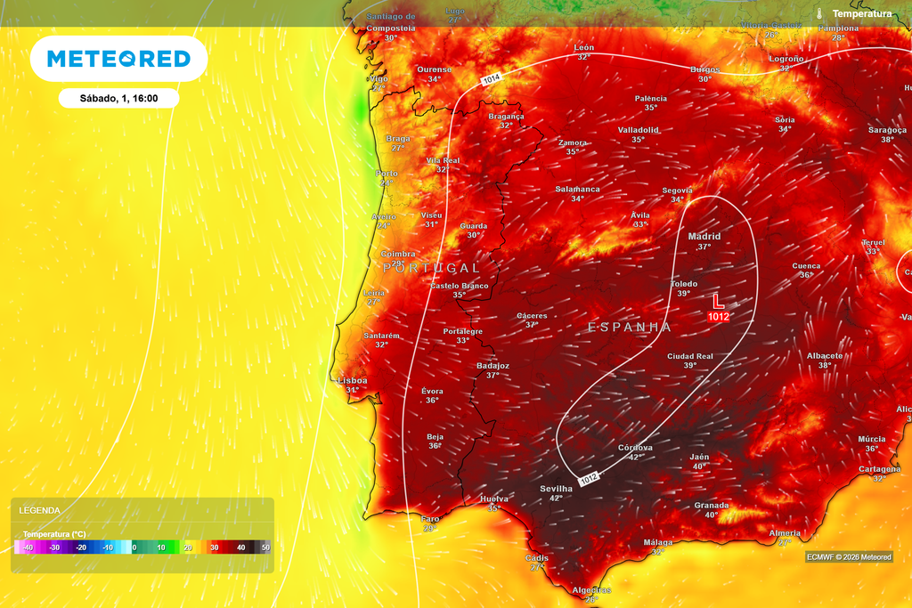 Temperatura prevista para sábado, 1 de agosto, às 16h. O interior de Portugal deverá registar os valores mais elevados, com várias capitais de distrito acima dos 35 ºC.