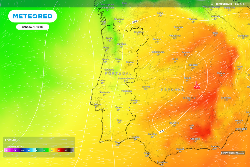 Temperatura prevista aos 850 hPa para sábado, 1 de agosto, às 16h. A presença de ar muito quente em altitude contribuirá para a subida das temperaturas máximas.
