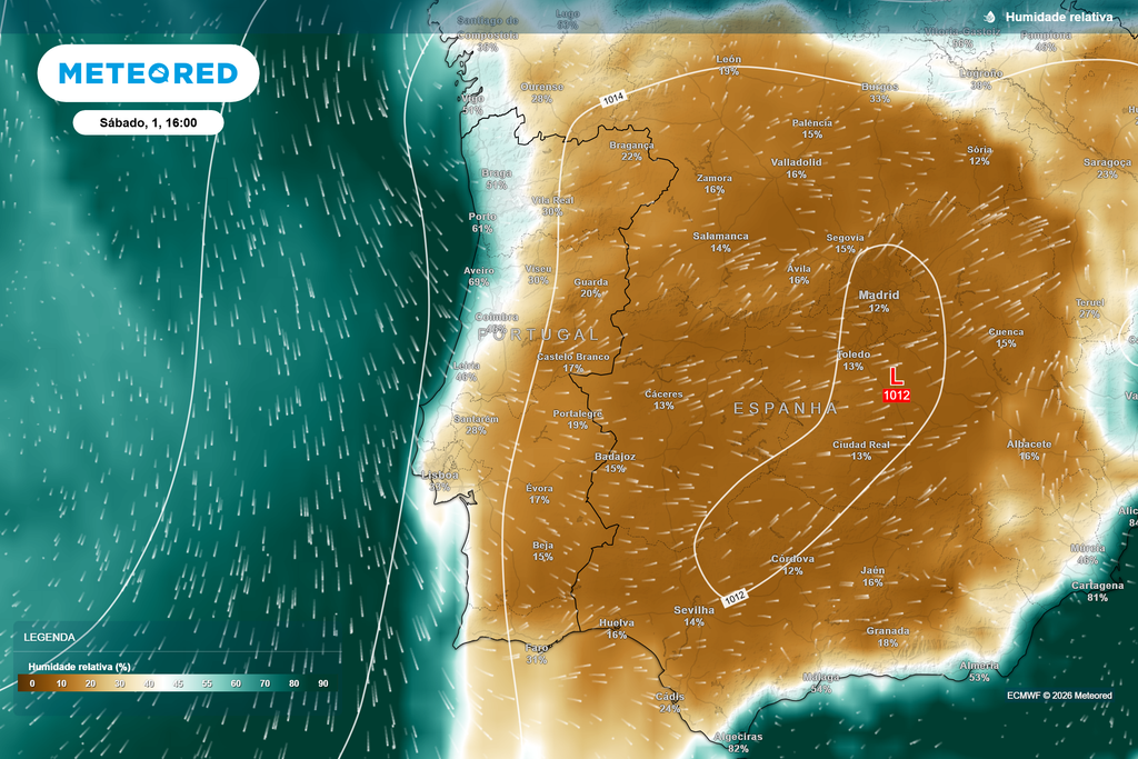 Humidade relativa prevista para sábado, 1 de agosto, às 16h. No interior, os valores deverão descer para níveis bastante baixos durante a tarde.