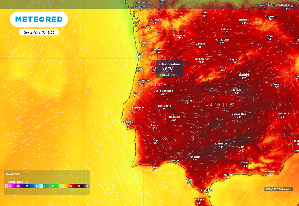 Nalguns locais do interior a temperatura máxima poderá atingir 38 ºC na sexta-feira, 7 de agosto.