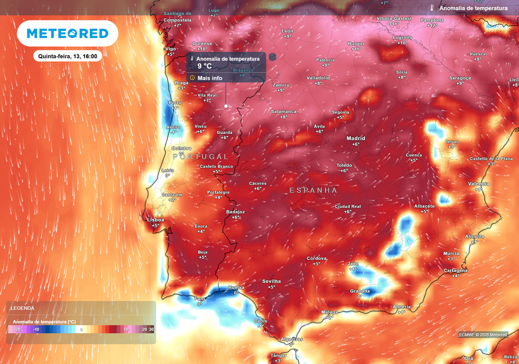 anomalia térmica Com a subida prevista das temperaturas máximas, as anomalias térmicas positivas (valores acima da média) vão ganhar terreno em praticamente todo o país.