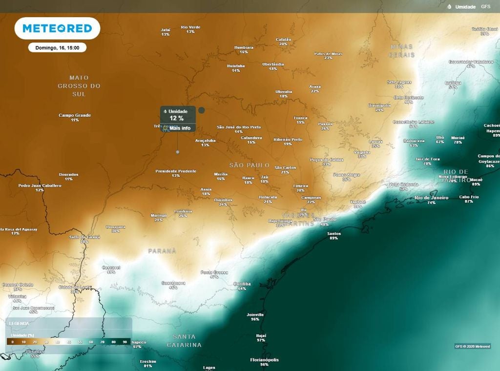 Previsão da umidade relativa do ar (%) para a tarde (15h) do domingo (16).