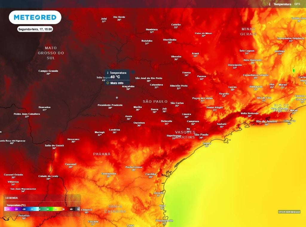 Previsão da temperatura máxima do ar (°C) para a segunda-feira (17).