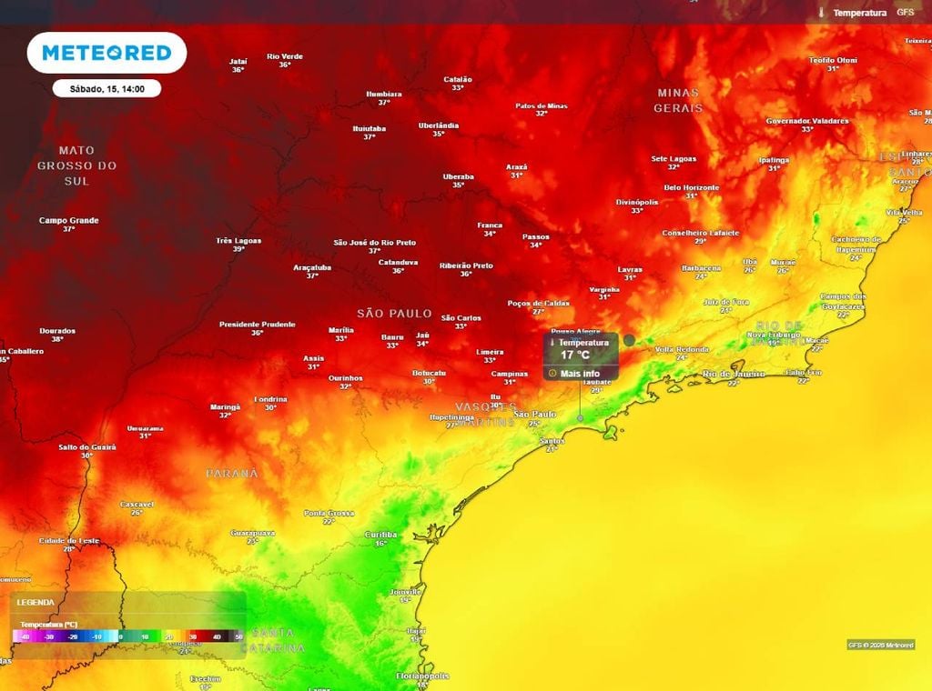 Temperaturas máximas (°C) na tarde de sábado (15) mostram que, apesar do forte calor em boa parte de São Paulo, a faixa leste (incluindo a capital) terão temperaturas mais amenas, não passando dos 25°C. Mas isso logo muda no domingo (16), como veremos abaixo.