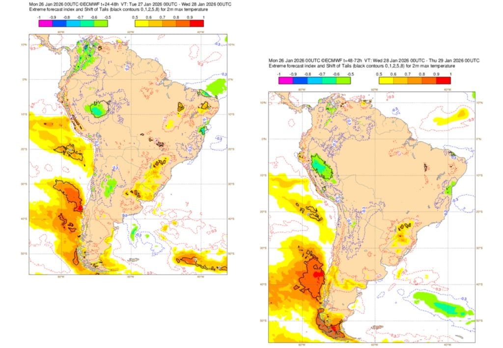EFI do modelo ECMWF. EFI do modelo ECMWF. A esquerda representando as temperaturas incomuns para esta terça-feira (27) e a direita para a quarta-feira (28).