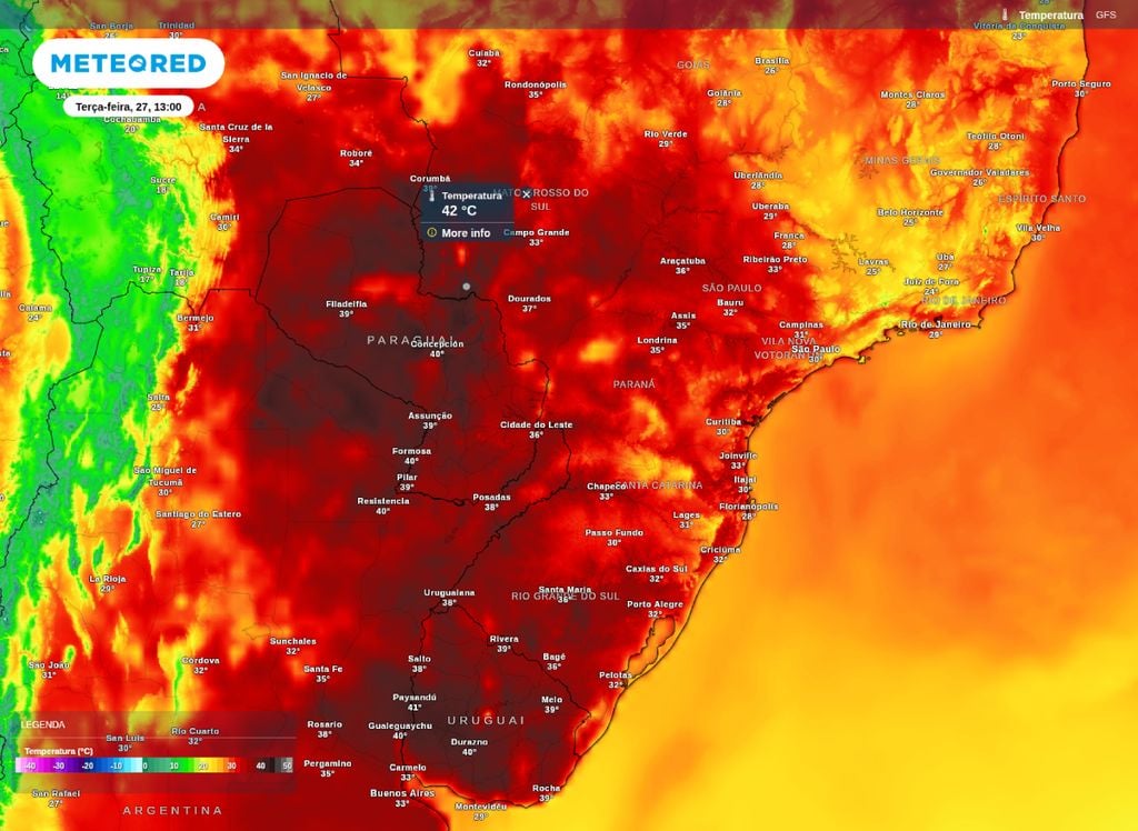 Máxima prevista para a tarde desta terça-feira (27). Máxima prevista para a tarde desta terça-feira (27), de acordo com o modelo ECMWF.