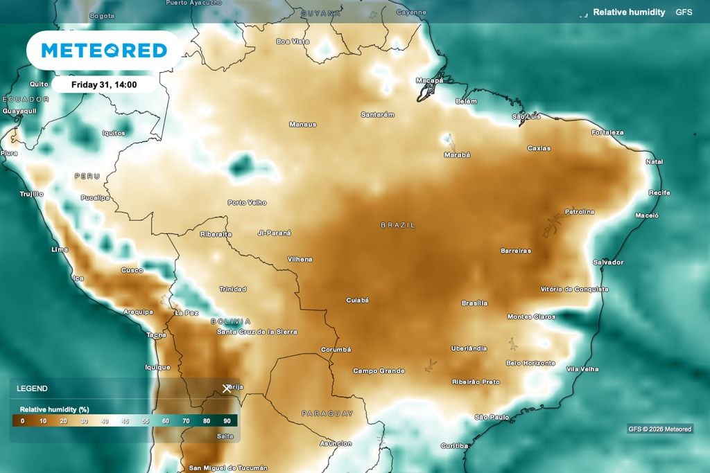 calor, umidade, alerta A umidade relativa cai para níveis críticos nesta sexta-feira (31), principalmente entre o Centro-Oeste, Tocantins, sudeste do Pará e o interior do Nordeste e do Sudeste.