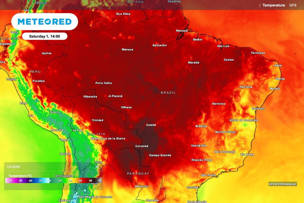 calor, temperatura O calor intenso persiste no sábado (1º), com temperaturas próximas de 40°C em Mato Grosso e valores elevados sobre Goiás, Tocantins, Pará e o interior do Nordeste.