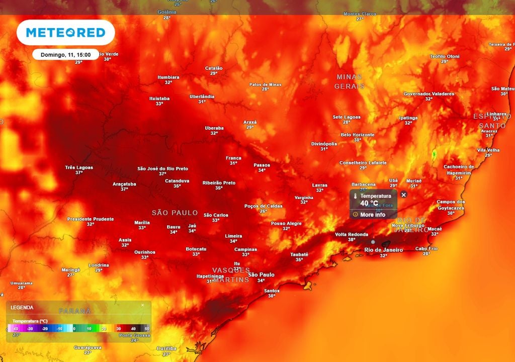 Previsão de temperaturas máximas no domingo durante a tarde.