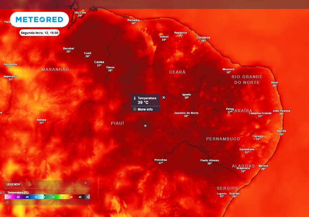 Previsão de temperaturas máximas na segunda-feira sobre o Nordeste.