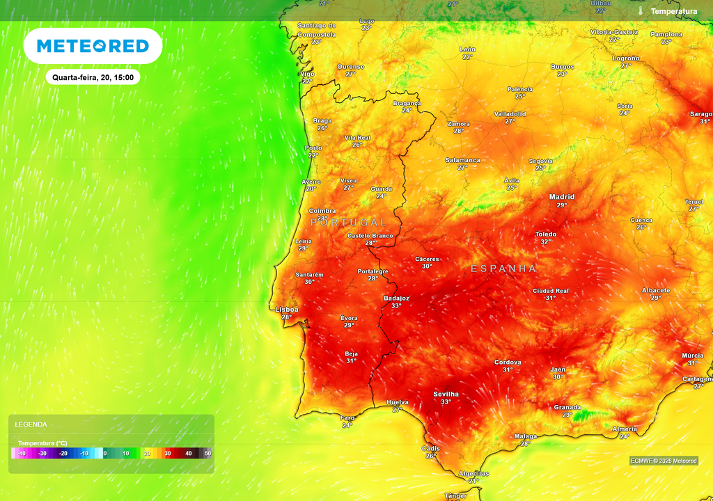 Temperatura Durante a tarde desta quarta-feira, o calor intensifica-se em Portugal continental, com o Alentejo e alguns pontos do interior Centro já perto ou acima dos 30 ºC.