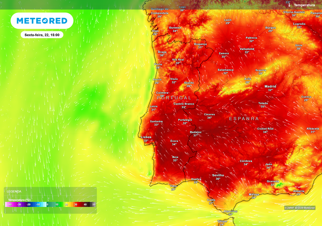 Temperatura Na sexta-feira, o calor atinge maior expressão, com grande parte do interior a superar os 30 ºC e valores mais contidos no litoral oeste.