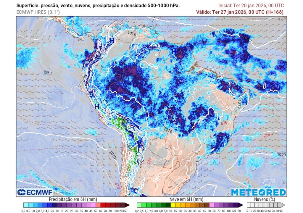 Previsão de chuvas na terça-feira da semana que vem mostra chuvas ocorrendo de maneira mais esparsa e localizada na porção central do país, previamente afetada por tempestades severas.