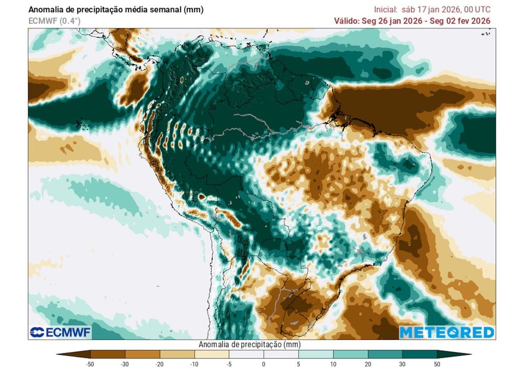 Previsão de anomalia de chuva entre os dias 26/01 e 02/02 mostra uma redução das chuvas numa faixa que compreende parte do Sudeste, Nordeste, Centro-Oeste e Norte do Brasil.