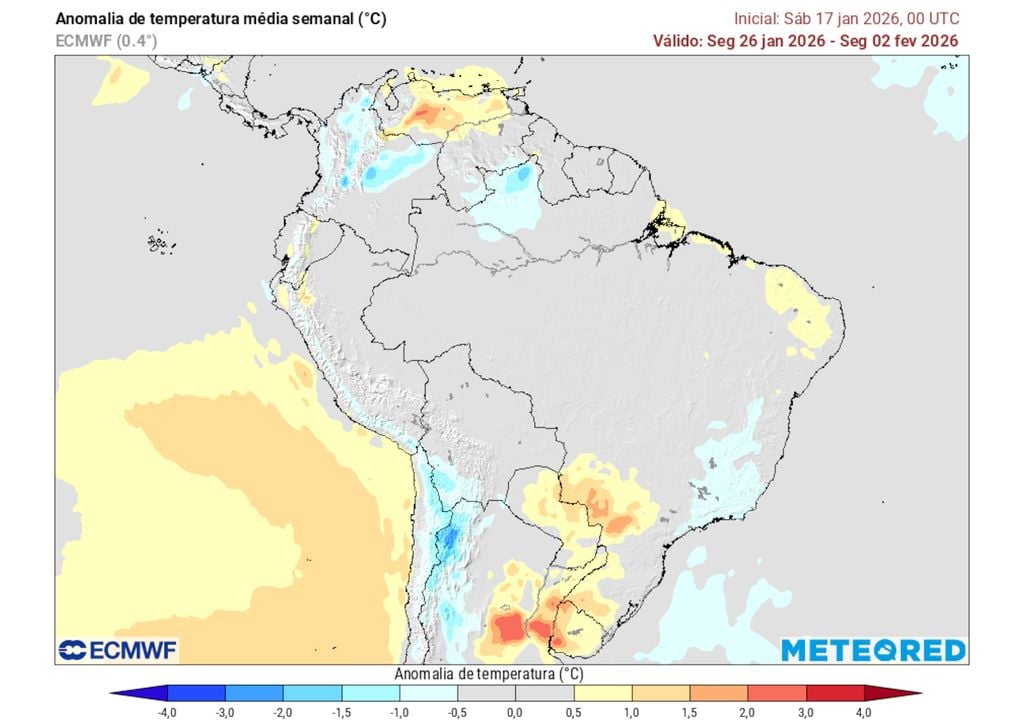 Previsão de anomalias de temperatura entre 26/01 e 02/02 mostram que haverá um aumento das temperaturas em todo o centro-sul do Brasil, especialmente em comparação à imagem anterior.
