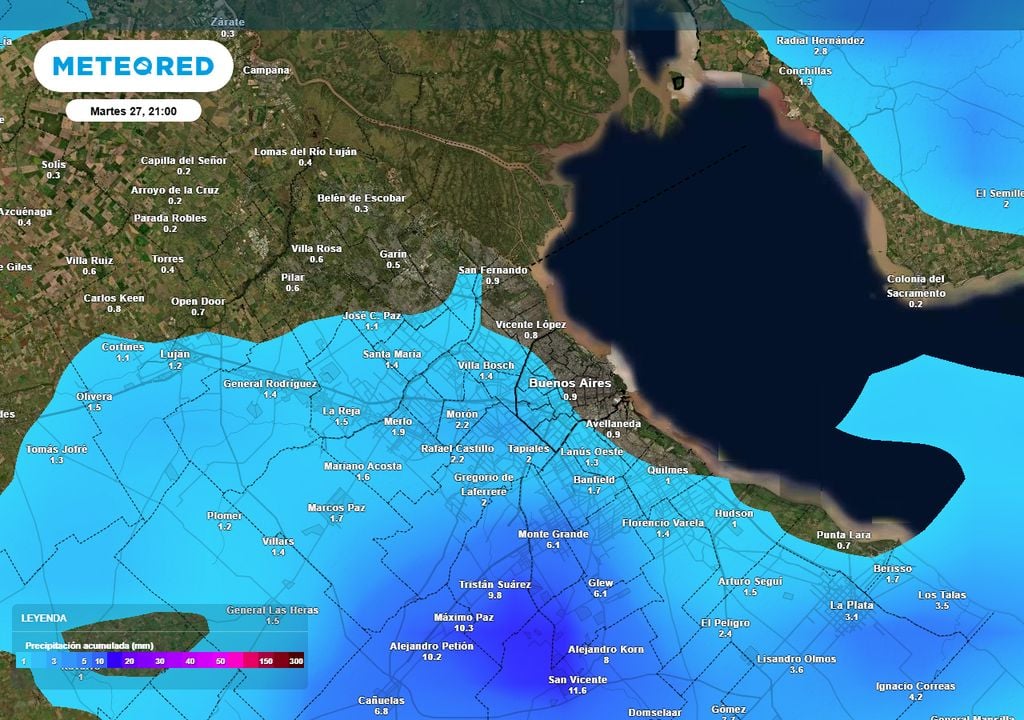 Precipitación acumulada (en mm) en el AMBA hasta el martes 27 a la noche.
