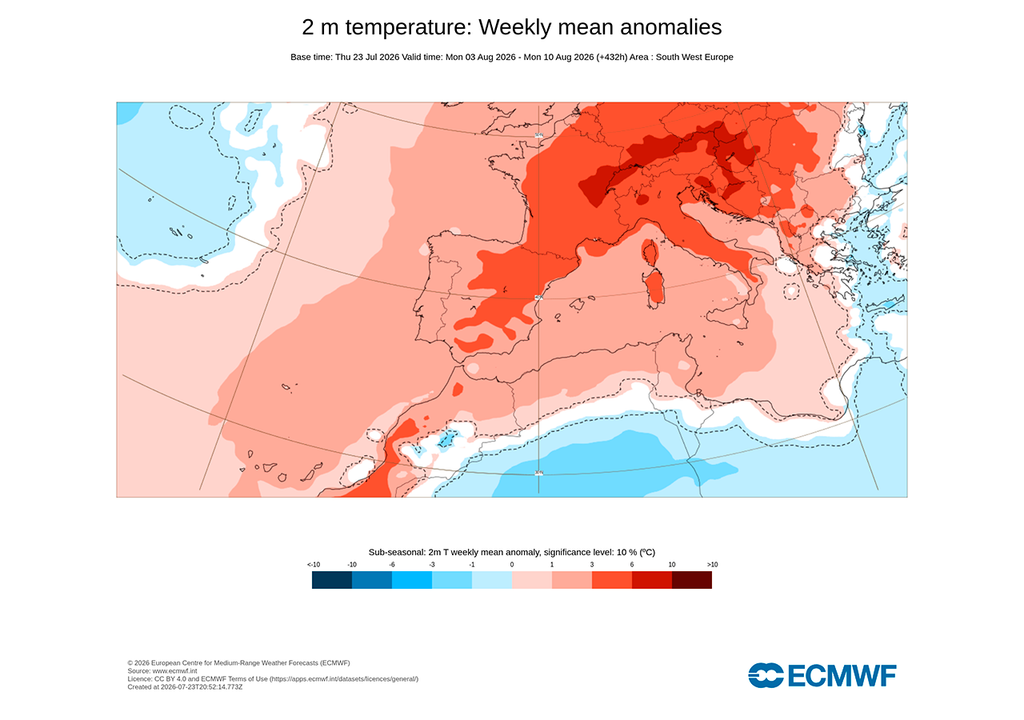 Las anomalías de temperatura previstas para principios de agosto muestran valores muy positivos afectando, de nuevo, a las mismas regiones de Europa y a la totalidad de la Península Ibérica.