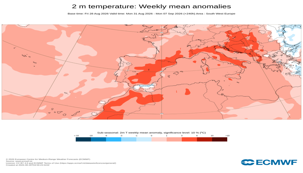 Anomalías semanales de la temperatura a 2 m entre el 31 de agosto y el 6 de septiembre de 2026: cálidas o positivas en escala de rojos y negativas o frías en escala de azules. ECMWF